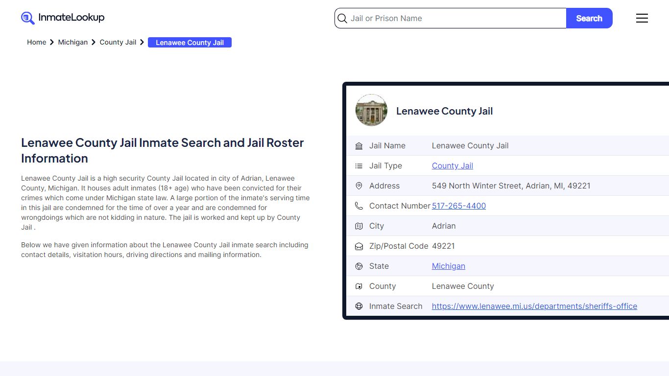 Lenawee County Jail Inmate Search - Adrian Michigan - Inmate Lookup